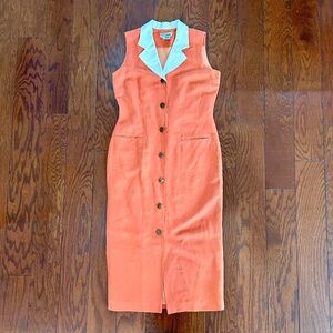 Vintage linen button front collar dress office orange white coral summer dress
